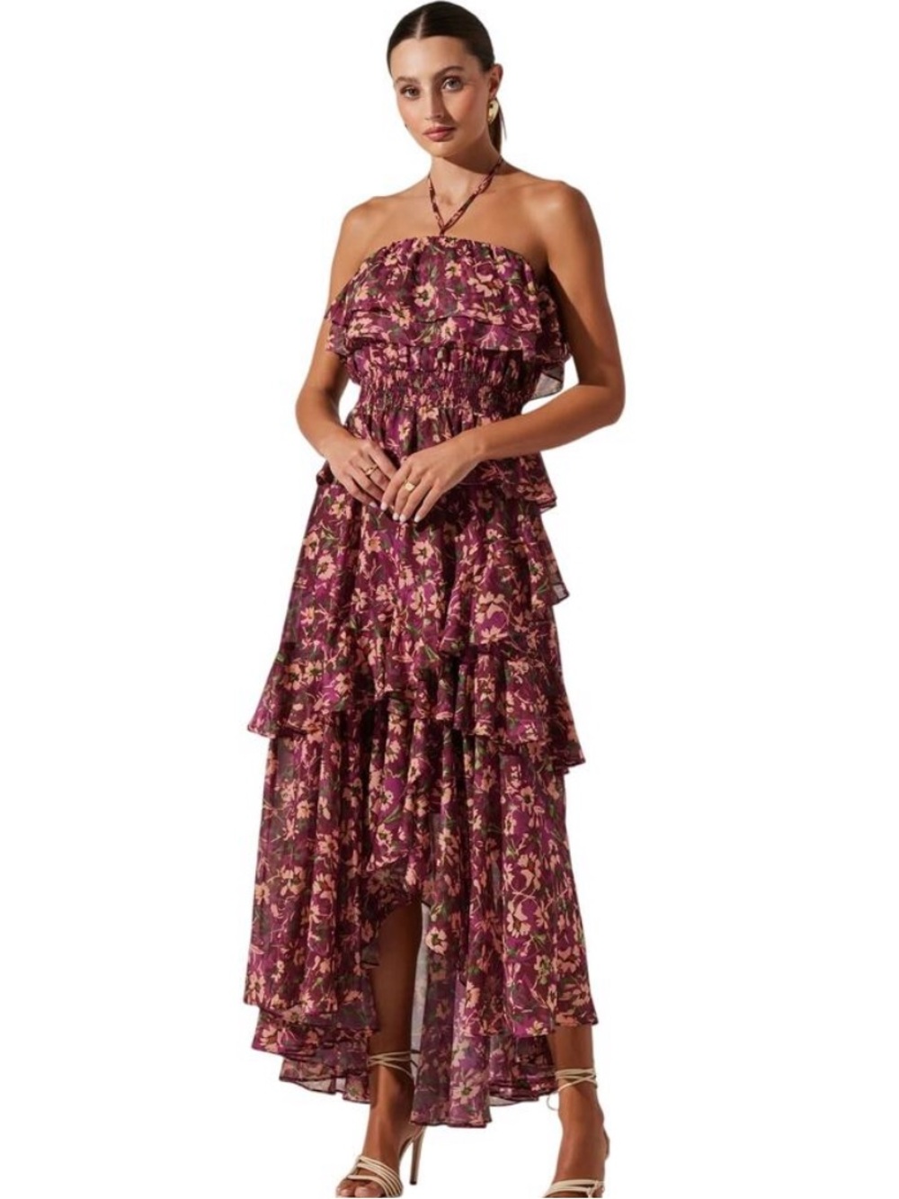 Astr Strapless Floral Tiered Maxi Dress - Burgundy & Pink Floral